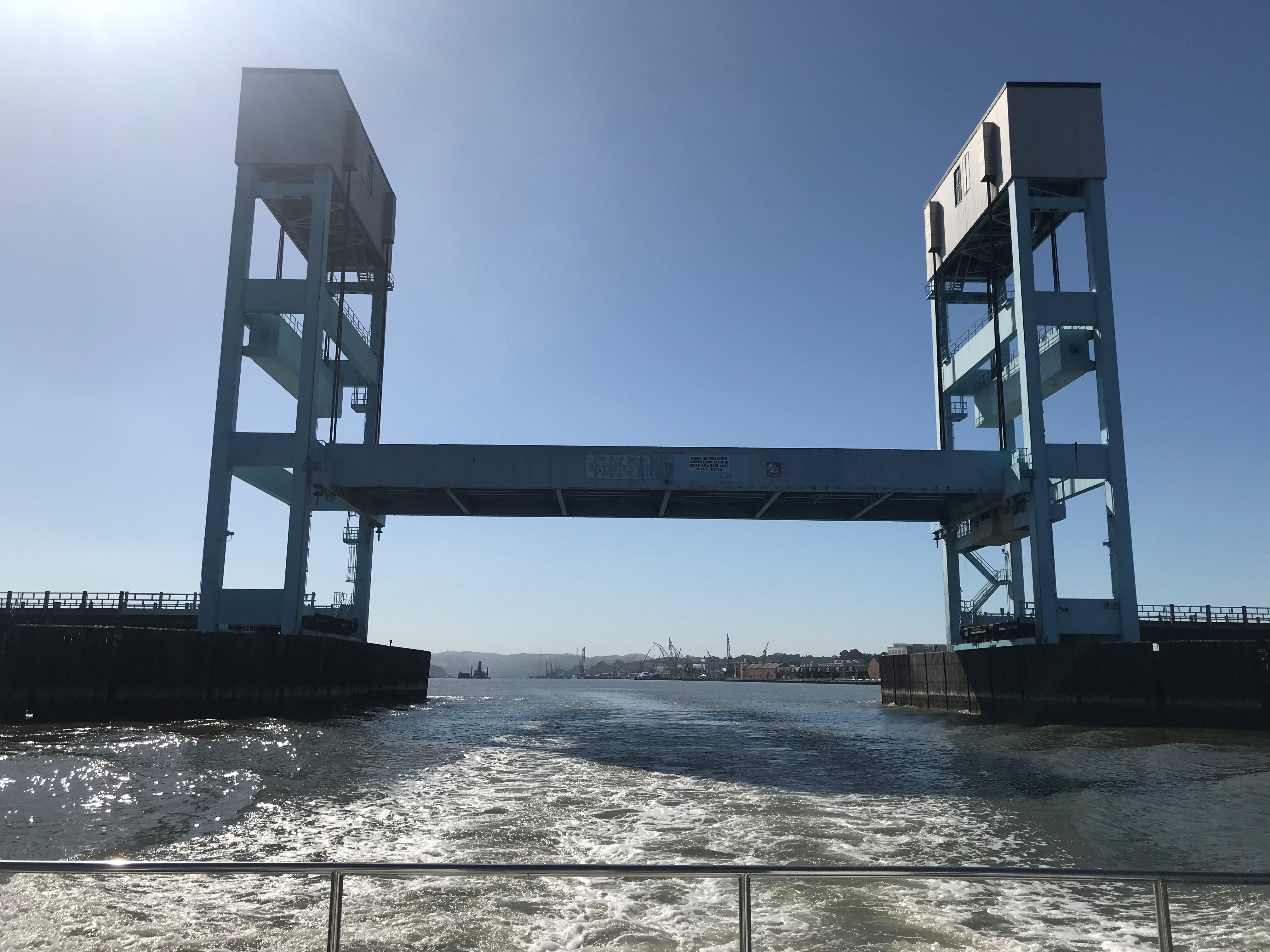 Passing beneath the lift drawbridge separating the Mare Island harbor from the Napa River