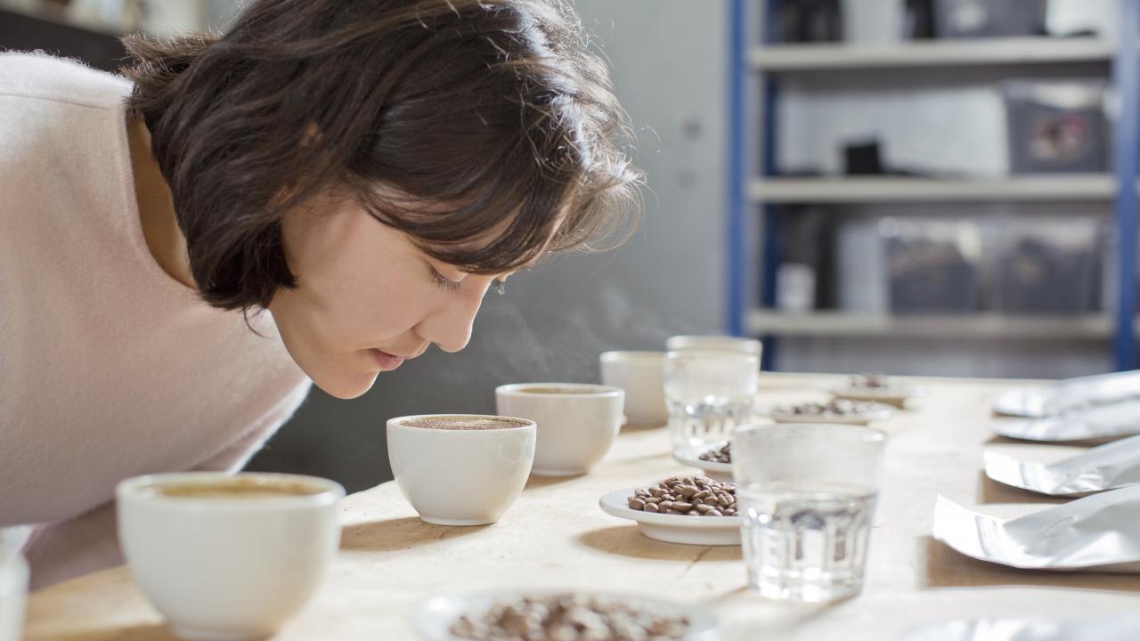 Woman smelling a selection of coffees