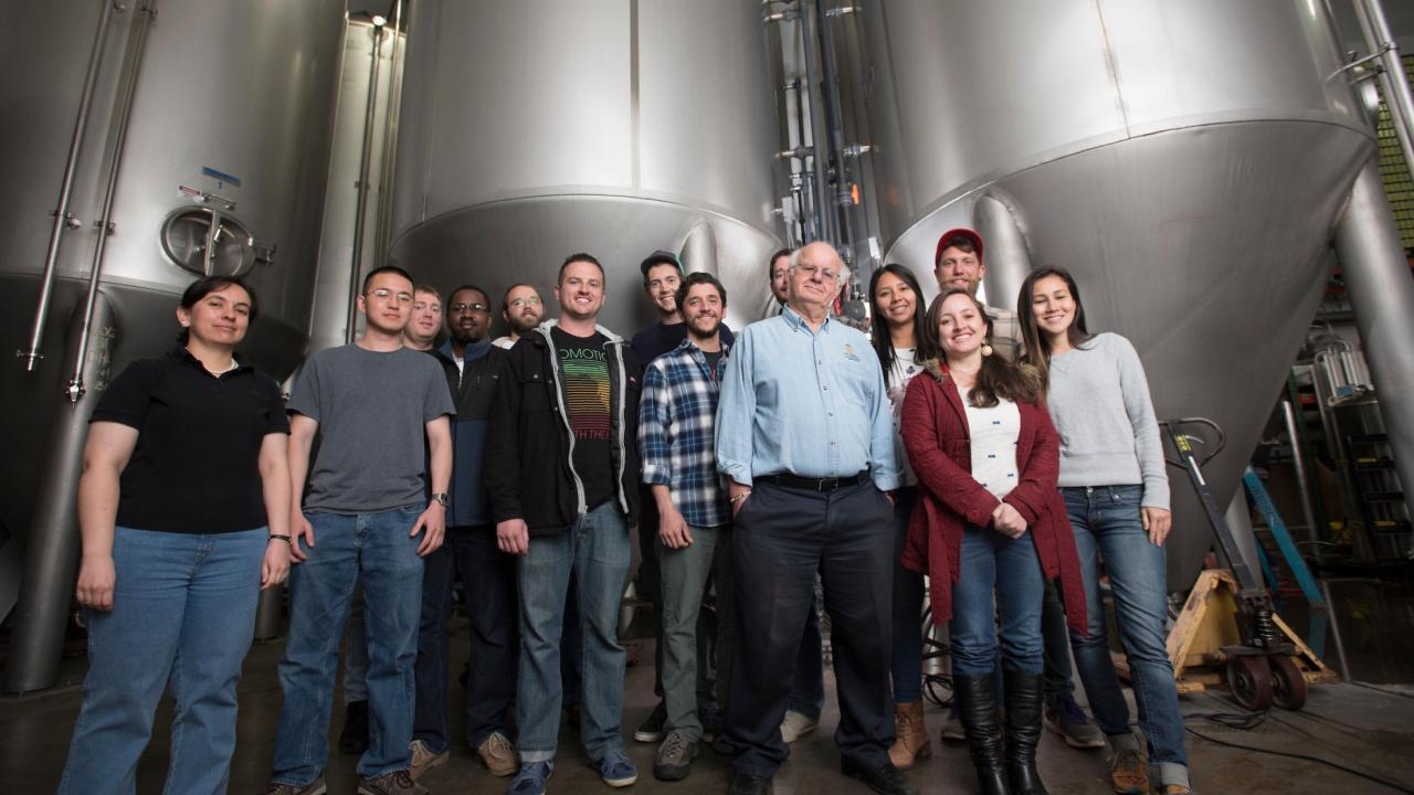 Bamforth stands with Master Brewers Program students in Sudwerk Brewery