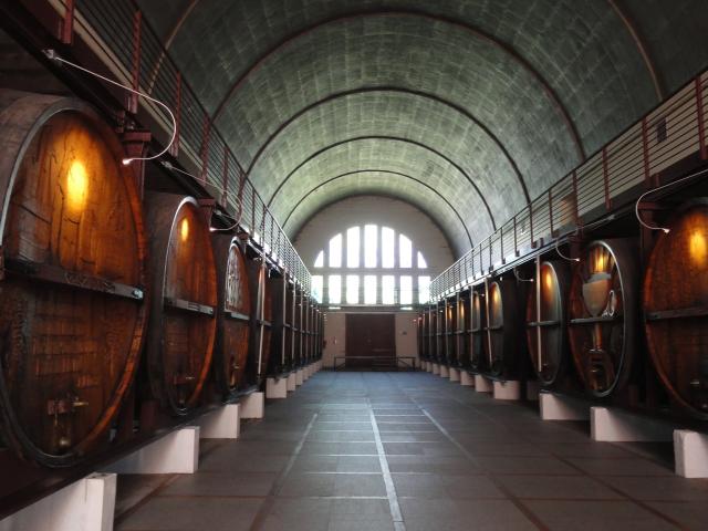 two rows of wine barrels in darkly lit cellar room