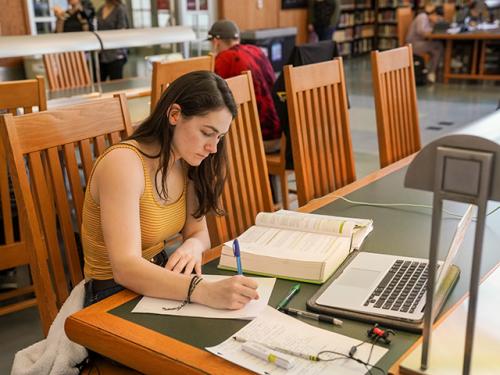 girl studying in a library
